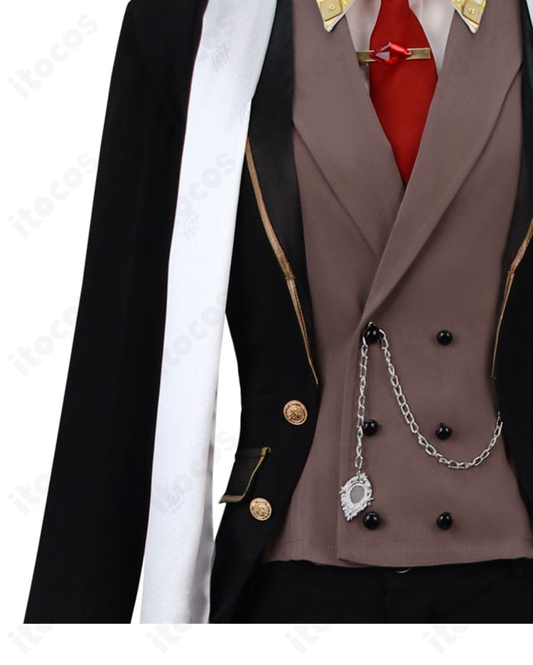 原神 ディルック コスプレ 前立てデザインの近接。立体裁断と均一ステッチで上品に仕上げた様子