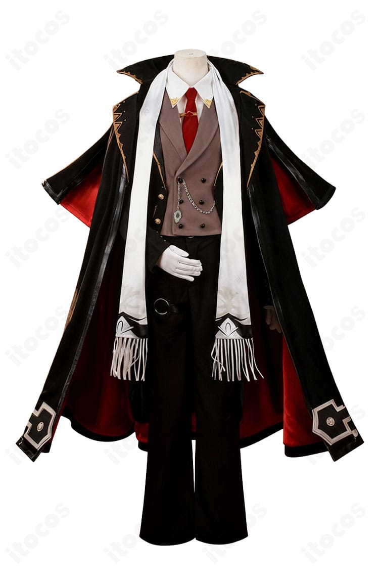 原神 ディルック コスプレ 正面全体。レッドデッド・オブ・ナイトの配色とシルエットを忠実に再現
