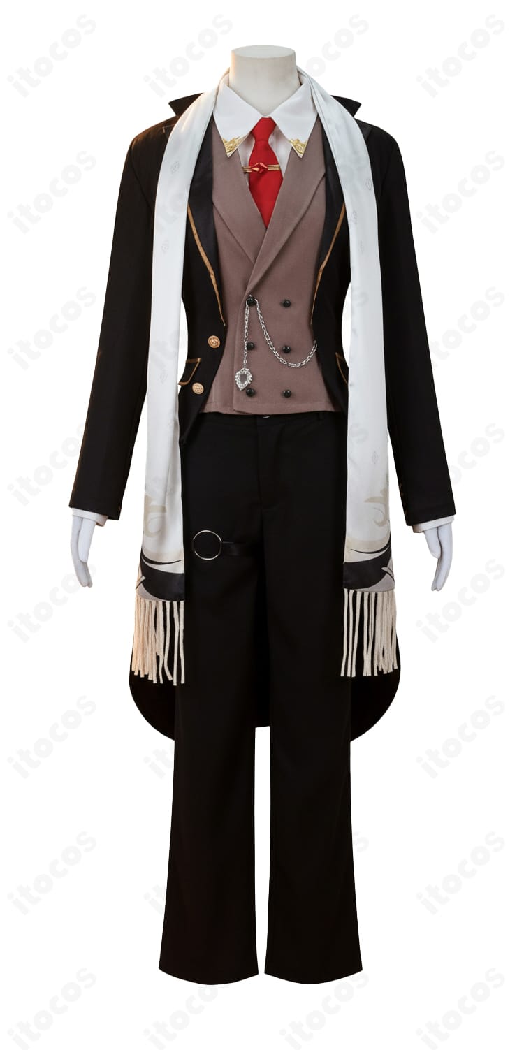 原神 ディルック コスプレ 襟元とマフラーの細部。上質生地の風合いと装飾の質感がわかるアップ