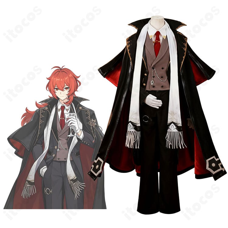 原神 ディルック レッドデッド・オブ・ナイトの全身コスプレ一式。重厚なコートと装飾を高品質に再現したフルイメージ