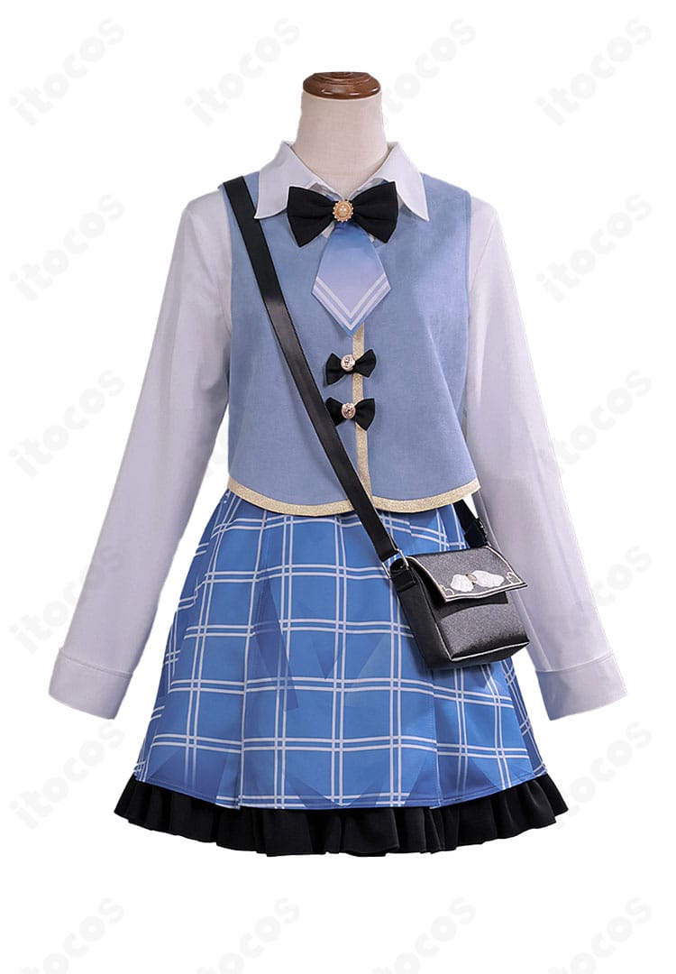 シャツとベストの正面ディテール。ボタン配置、リボン、襟飾りの質感と縫製の整いを近距離で確認。