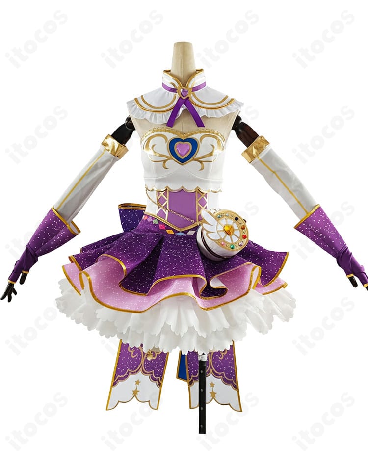 ラブライブ！東條希 お化粧の魔法編 コスプレ衣装の正面全体図。鮮やかな配色と胸元リボン、金縁ディテールを確認できる写真。