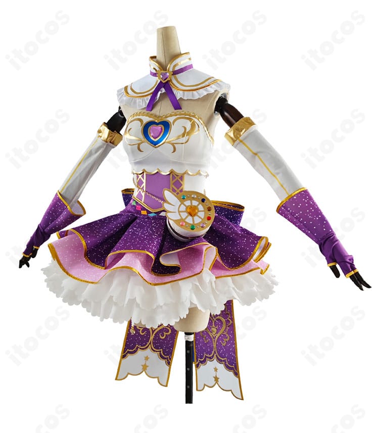 ラブライブ！東條希 コスプレ衣装の側面図。袖の広がりとスカートのボリューム、ウエストラインの立体感がわかるアングル。
