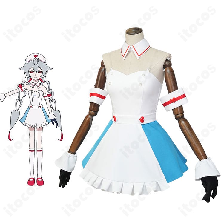 初音ミク 愛属性コスプレ衣装の全身（前後）イメージ。ピノキオピー楽曲イメージの赤×ハートモチーフで、イベント・撮影に映えるキュートなスタイル。