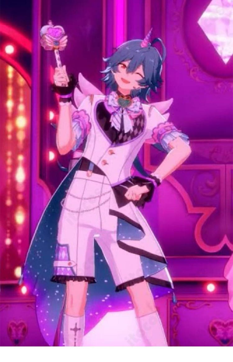 宝丈萊香（ライカ）「ユニコーンの無邪気」コスプレ衣装の正面全身。配色とシルエットを高再現したITOCOSデザインの仕上がり