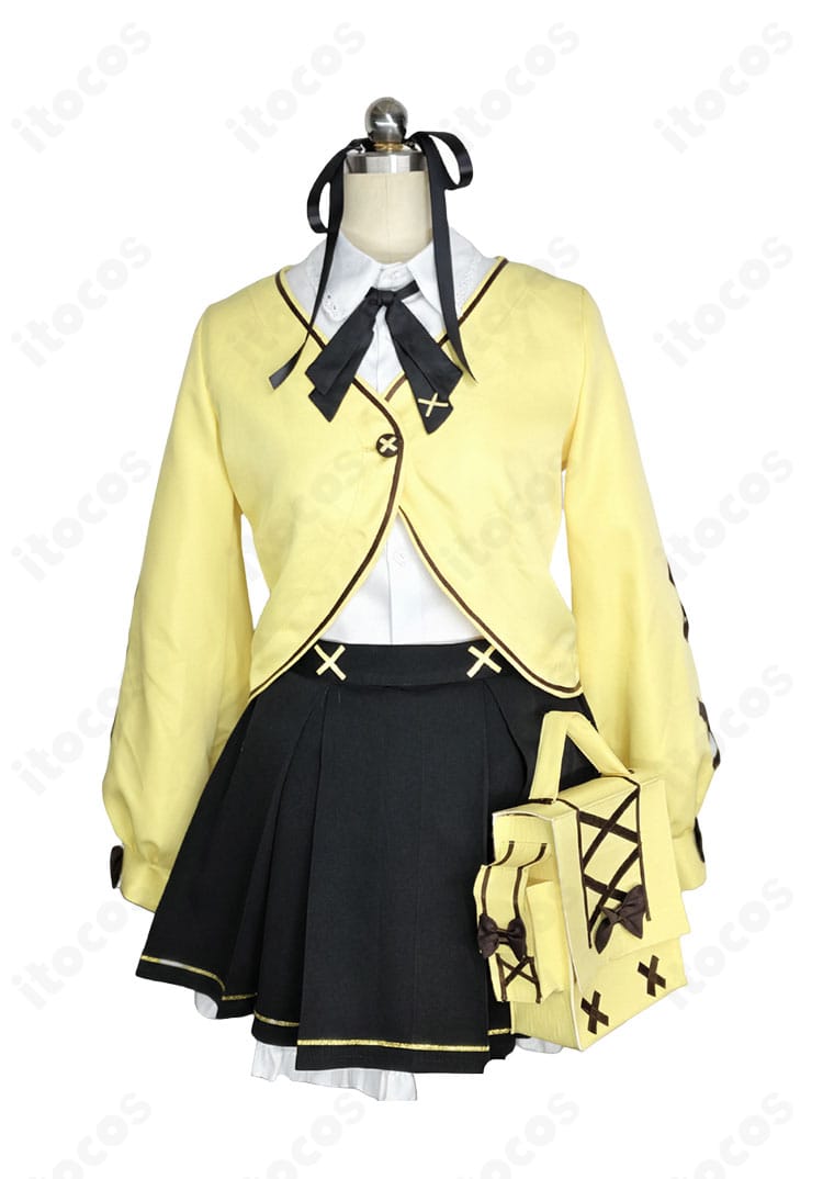 衣斐レナ コスプレ衣装の正面全体。コート、シャツ、黒/白スカートのシルエットと配色バランスが分かるカット。