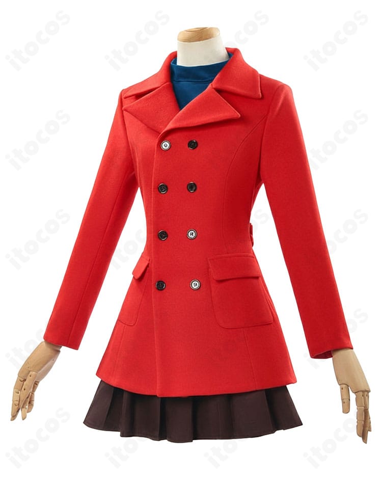 側面シルエット写真。コートのライン、袖の落ち感、帯で整えたウエストの収まりを確認できる画像。