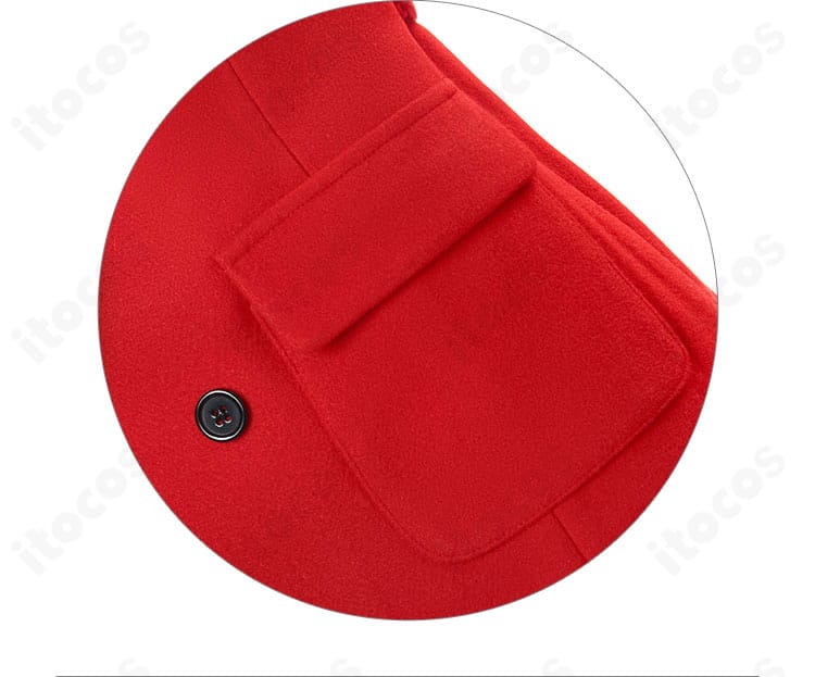 コートのポケット周辺ディテール。フラップの形状と開口部の仕上げが見えるカット。