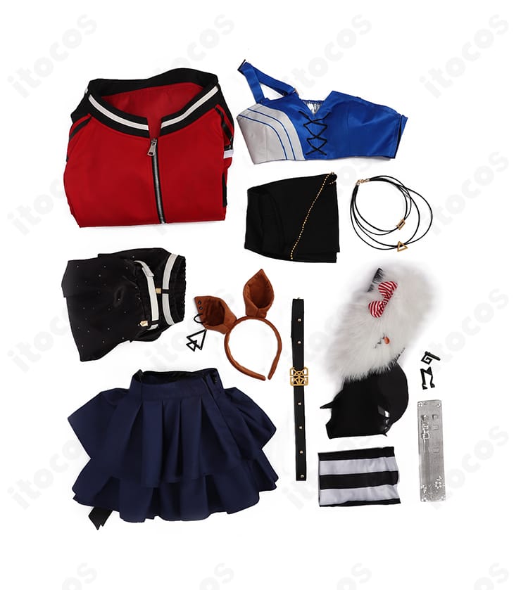 ウマ娘 エスポワールシチー 勝負服コスプレのフルセット内容。コート・スカート・インナー・ビスチェ・靴下・腰飾り・ネックレス・耳・ベルト・髪飾りを一式表示。