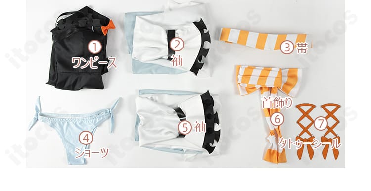 セット内容一覧。ワンピース・袖・帯・首飾り・ショーツ・タトゥーシールのフルセットを並べた画像。