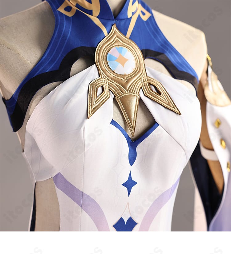 イスタロト コスプレ衣装の襟元ディテール。縁取りや重なりの表現、首周りのラインを鮮明に捉えたクローズアップ。