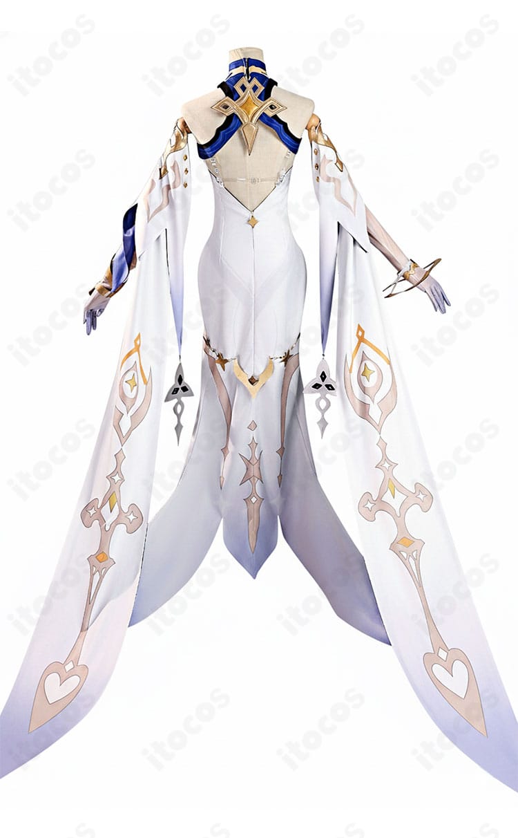 原神 イスタロト コスプレ衣装の背面全体。マント風背飾りや後ろ装飾のレイアウトと落ち感をチェック可能。