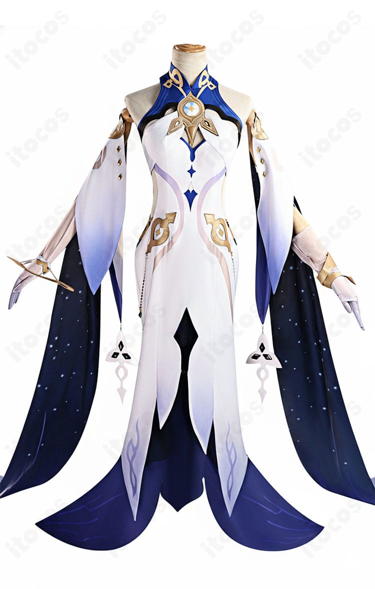 原神 イスタロト コスプレ衣装の正面全体。胸元や図案の配置、丈感が分かるディテール重視のビュー。