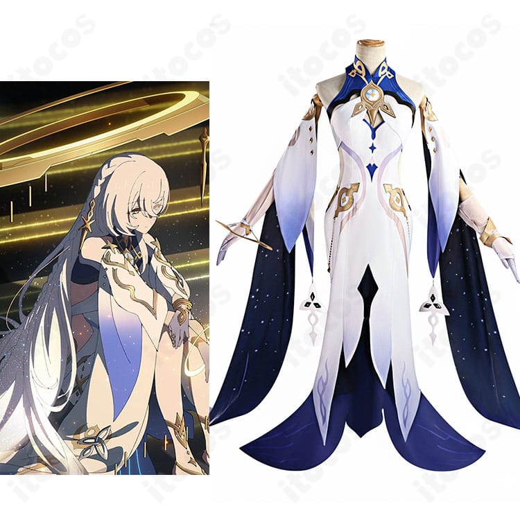 原神 イスタロトのキャラクターイメージとコスプレ衣装一式の全身写真。高再現の神官風シルエットを確認できる構図。
