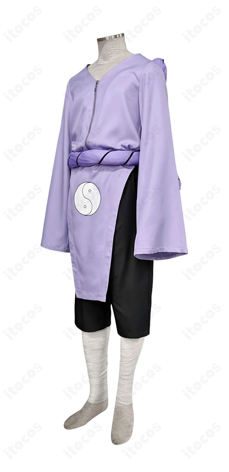 NARUTO 君麻呂 コスプレ衣装の右側面。可動域を確保したパターンと腰飾りのボリュームを確認。