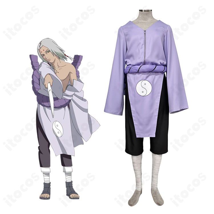 NARUTO 君麻呂の戦闘服コスプレ衣装一式。キャラクターの雰囲気とセット内容（トップス・ズボン・腰飾り・帯・包帯）を紹介。
