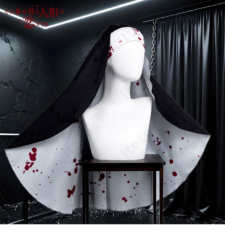 喜多川海夢 修道服コスのウィンプル・頭巾アクセサリー細部。質感と立体感をクローズアップ