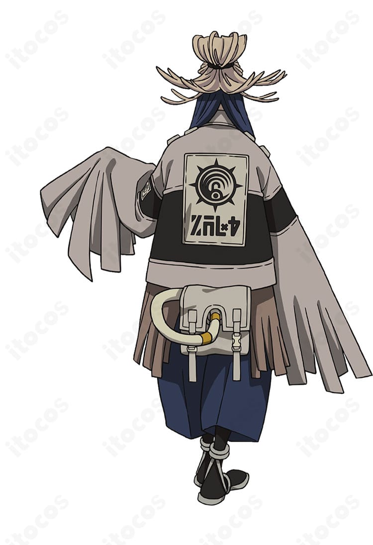 ガチアクタ タムジー・カイネスのコスプレ衣装 背面スタイル。開閉動線と補強ステッチが分かる仕様で着脱しやすい