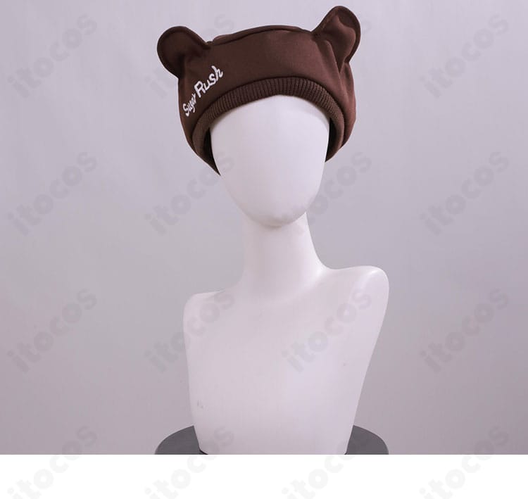 miCometベアブランド衣装 帽子正面のロゴ風モチーフと飾り