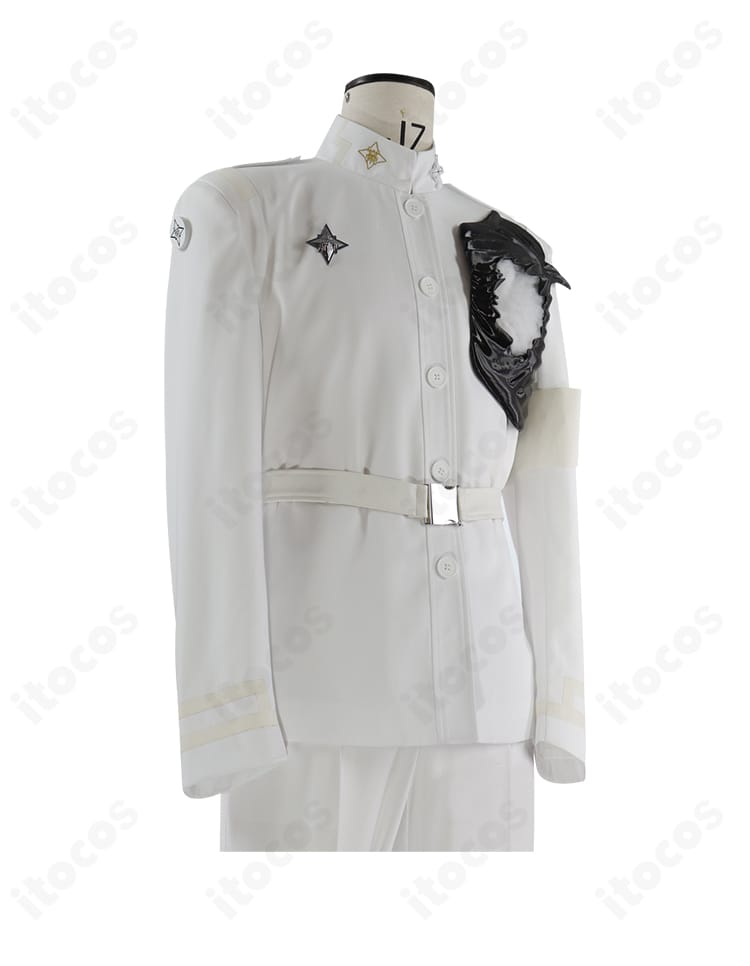 上着正面ディテール｜白コートの襟元・胸当て・装飾の仕立てと質感