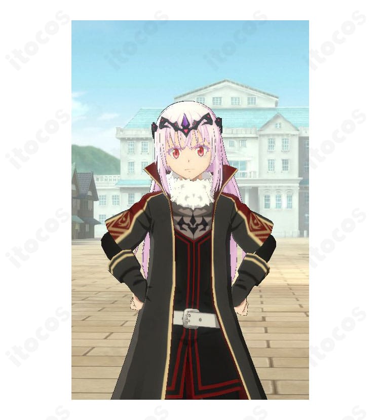 エミルス 黒白ノ覇王 コスプレ衣装の正面ビュー。ライン取りと配色を忠実再現した高再現仕様。イベント向け。