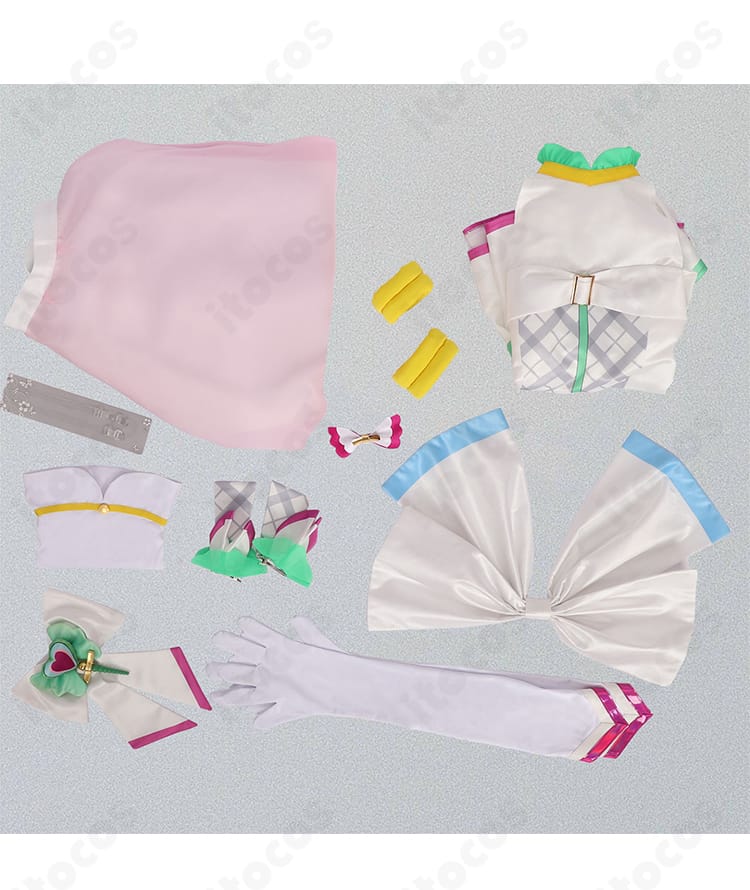 キュアズキューン 衣装セット内容展示。ワンピース、背部蝶結び、オーバースカート、手袋、腰蝶結び、手首飾り、髪飾り、蝶ネクタイ、透明ストラップ、靴下