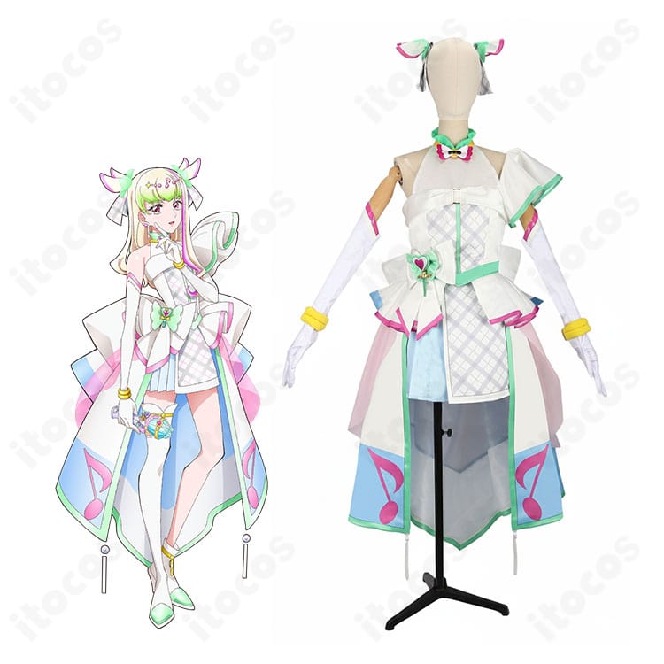 キミとアイドルプリキュア♪ キュアズキューンのコスプレ衣装一式とキャラクターイメージ。華やかなキュアフォームの配色と大リボンを再現