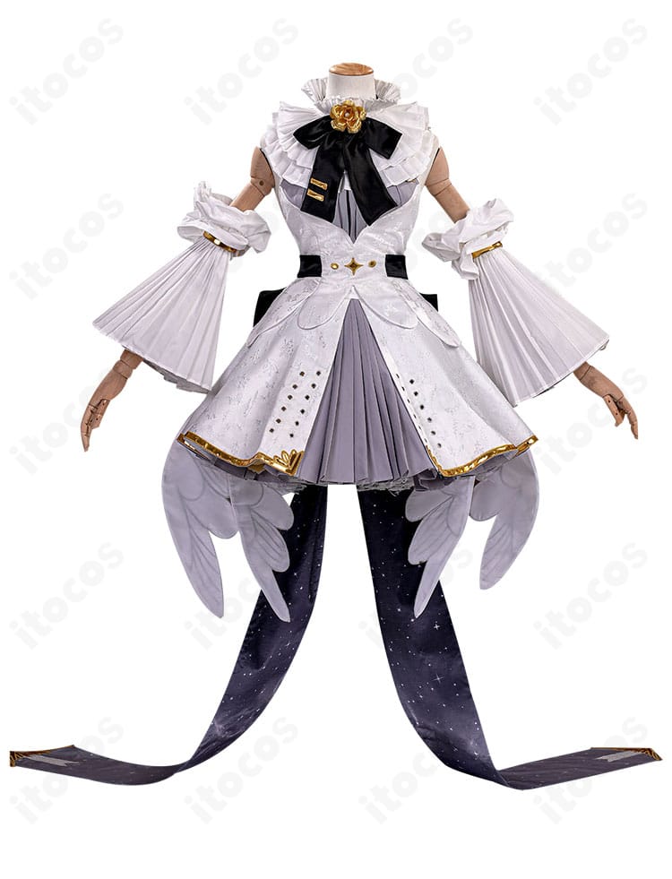 初音ミクシンフォニー10周年「プレイオン」コスプレ衣装の正面全体。つけ襟、胸元装飾、フレアスカートのクラシカルなシルエットを忠実に再現。