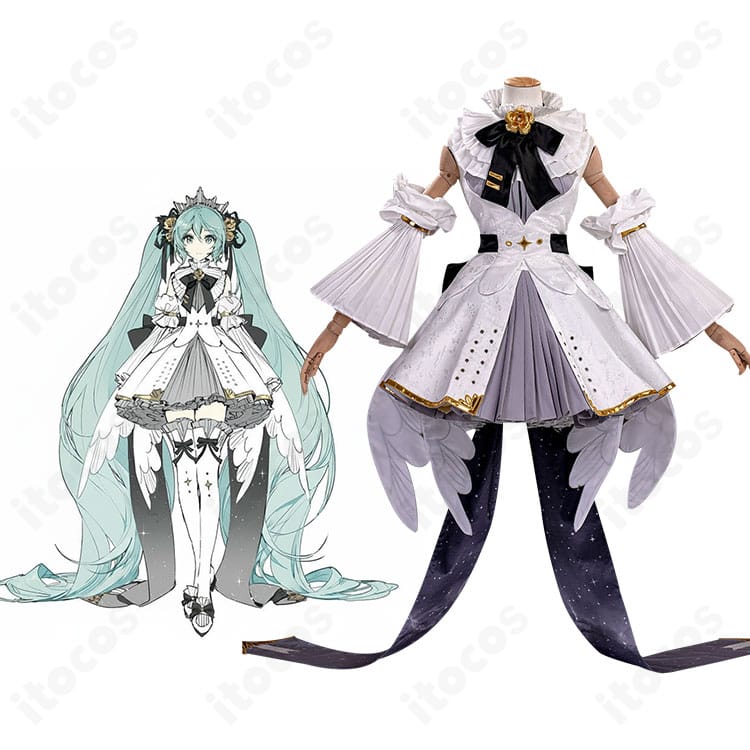 初音ミクシンフォニー10周年「プレイオン」公式ビジュアルと当店コスプレ衣装の比較。配色と装飾比率を合わせた高再現設計が一目で分かる画像。