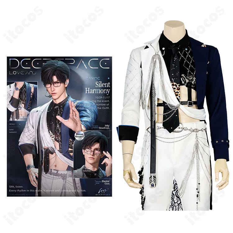 恋と深空 レイ「静域に織りなす音」コスプレ衣装一式とキャラクターイメージの比較カット。礼装の配色と装飾を高精度に再現。イベント撮影向け。