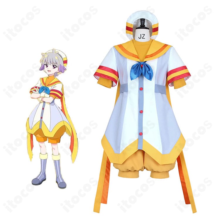 わんだふるぷりきゅあ！兎山大福 映画ver.（人間の姿）コスプレ衣装とキャラクター比較画像。ジャケットとスカーフ、帽子の配色まで高再現。