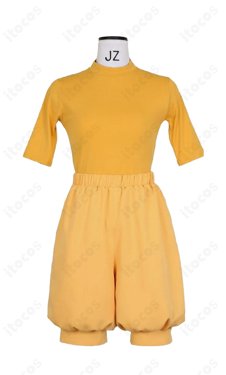 兎山大福 映画ver. コスプレ衣装のインナー黄色Tシャツとショートパンツ。通気性と可動域を意識した快適設計。