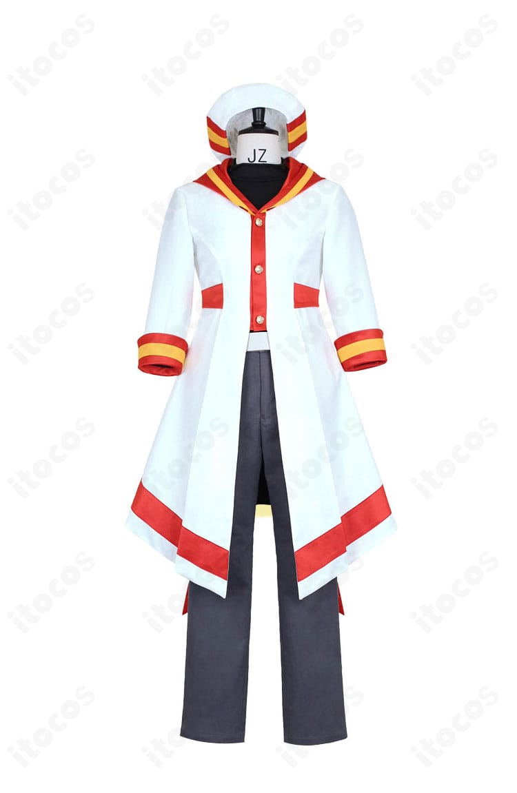 兎山悟 映画ver. 人間の姿コスプレ 正面全体。清潔感ある制服風シルエットで、赤い襟元アクセントが映えるデザイン。