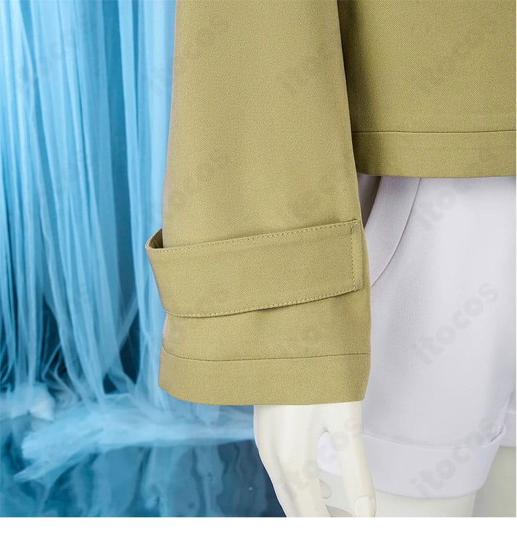 タウニー衣装 袖口ディテール。袖先の配色と丁寧なステッチワークを拡大で表示。