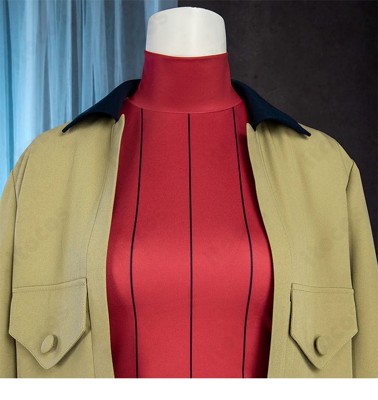 タウニー 衣装 襟元ディテール。襟の形状と配色、縫い目の整いを示すクローズアップ。