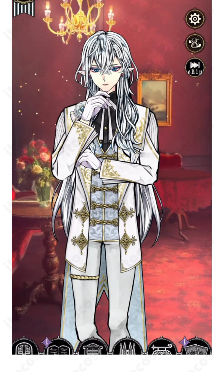 悪魔執事と黒い猫 シロのコスプレ衣装正面着用イメージ。ロングコートとスカーフ、太もも飾りの見え方を再現し、サイズ感とシルエットの確認に役立つ画像。