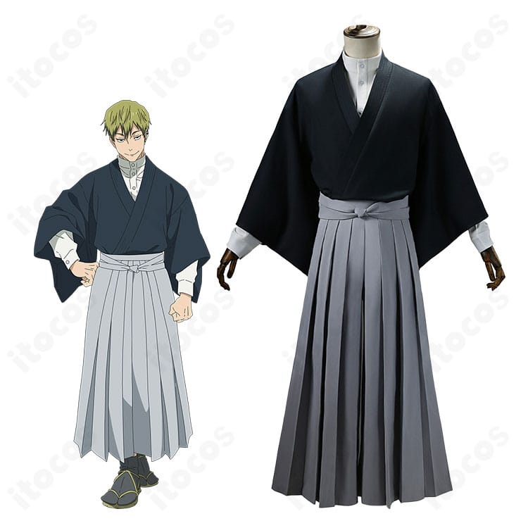 呪術廻戦 禪院直哉のコスプレ衣装とキャラクターの比較図。斜襟と袴の比率を高再現したデザインが一目で分かるイメージ。