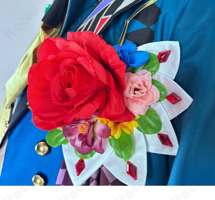 ナック・シュタイン ハロウィン衣装の花の胸飾りディテール。胸元の華やかさを強調。