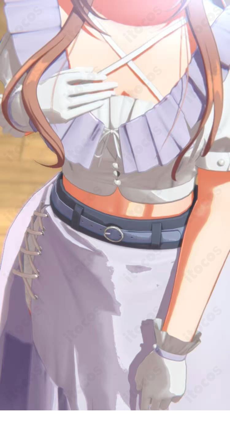 姫崎莉波 clumsy trick 衣装のスカート側面装飾アップ。ステージ映えする装飾パーツと配色コントラストを示す。