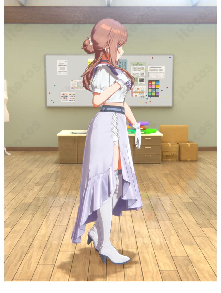 姫崎莉波 clumsy trick ライブ衣装の正面全身。トップスとスカートの配色、ベルト・手袋・チョーカーまで高再現のコーデ。