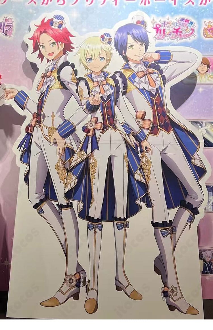 アイドルタイムプリパラ WITH（夢川ショウゴ・三鷹アサヒ・高瀬コヨイ）ステージ衣装の集合ビジュアル再現例。高発色素材と豪華トリムで華やかなステージ感を表現。