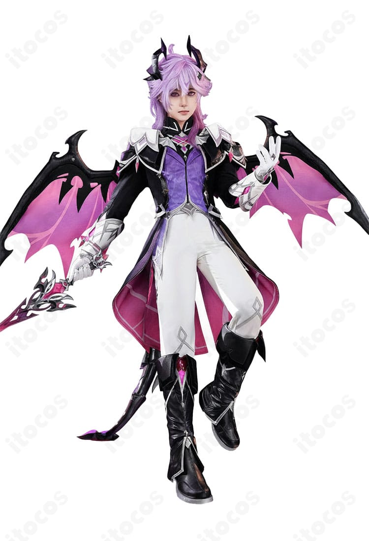 原神 ドゥリン（悪龍）人間形態コスプレ衣装の正面全体像。重厚コートと装飾の配置が分かる画像