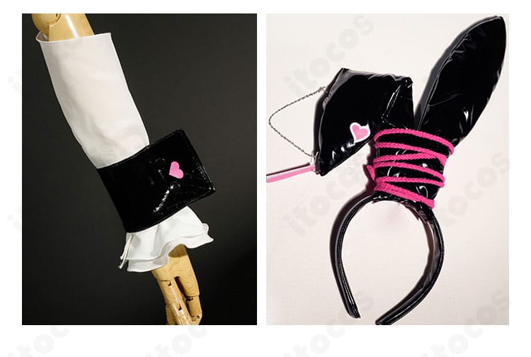 ベルベット バニー怪盗コスプレ 頭飾り・腕飾りのクローズアップ。カチューシャと手首飾りの質感が分かる