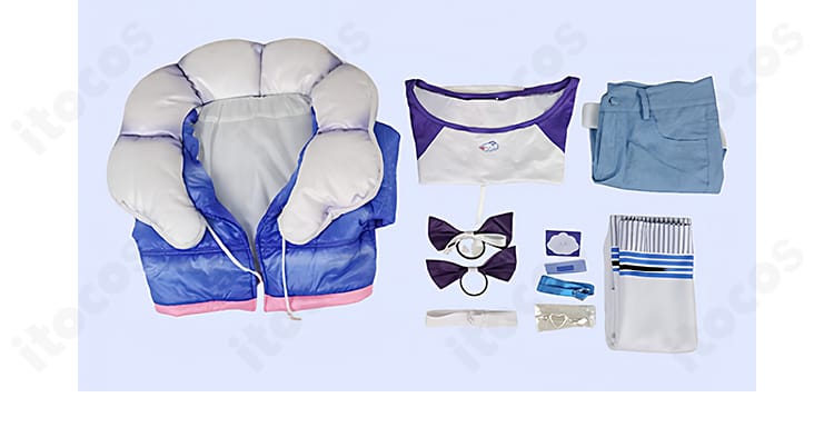 ホロライブ こぼ・かなえる 私服コスプレ衣装のセット内容一覧。コート、Tシャツ、ショートパンツ、レッグカバー、髪飾り、チョーカー