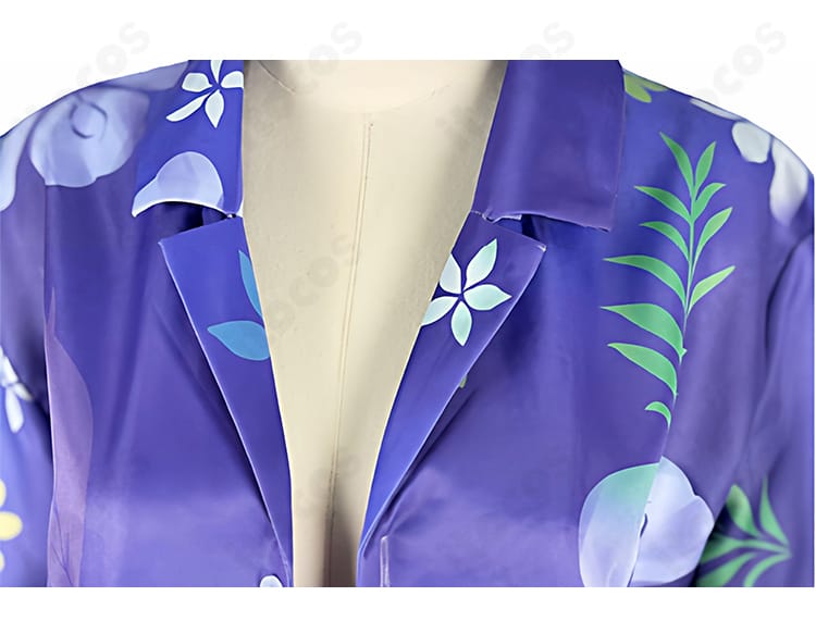 にじさんじ 剣持刀也 アロハシャツ新衣装 襟元ディテール。開襟の形状、前立ての縫製、柄合わせをアップで撮影