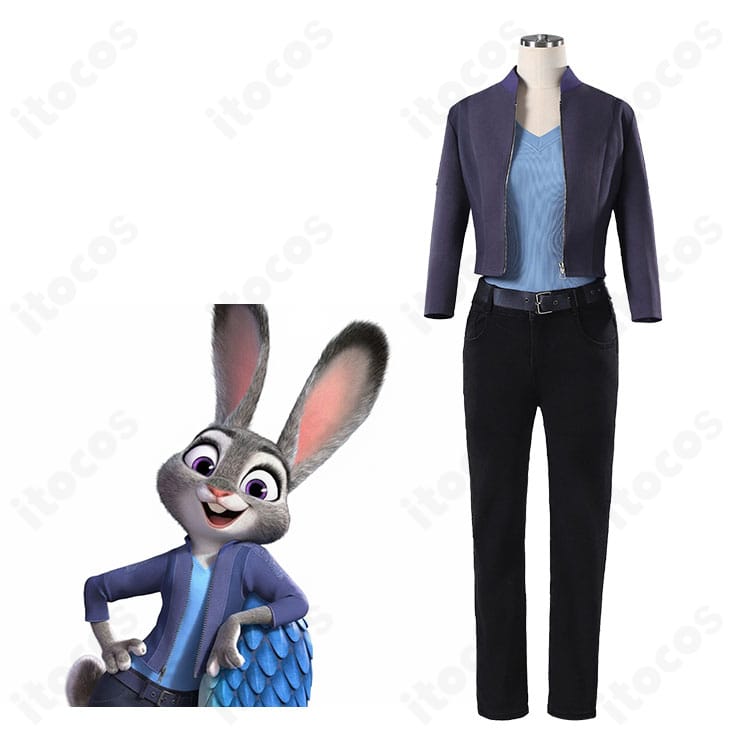 ジュディ・ホップスの警官制服コスプレ衣装フルセットを着用した展示画像｜コート・インナー・ズボン・ベルトの4点構成