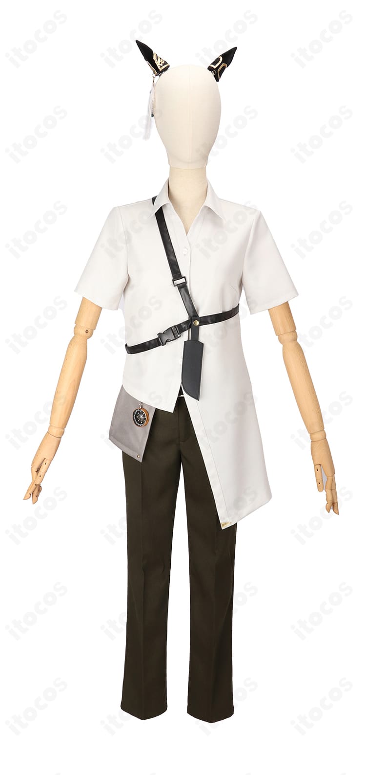 ウマ娘 ステイゴールド 勝負服のシャツ＆ズボンの正面ディテール。ボタン位置とH字ベルトの見え方を示す画像