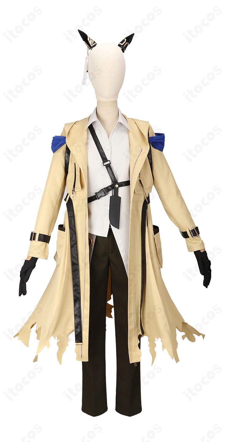 ウマ娘 ステイゴールド 勝負服コスプレ衣装の正面全体。コートのシルエットと装飾を鮮明に確認できる画像