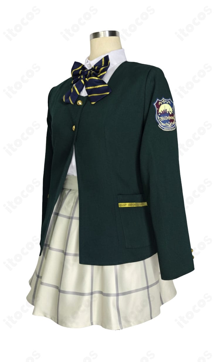 ブルーアーカイブ 桜井ミヨ 初期制服コスプレ衣装の側面ビュー。袖のラインとコート丈、シルエットの立体感を確認