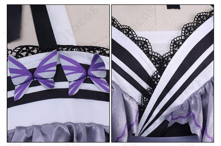 襟周りの装飾と蝶モチーフのアップ。質感と造形の立体感を表現